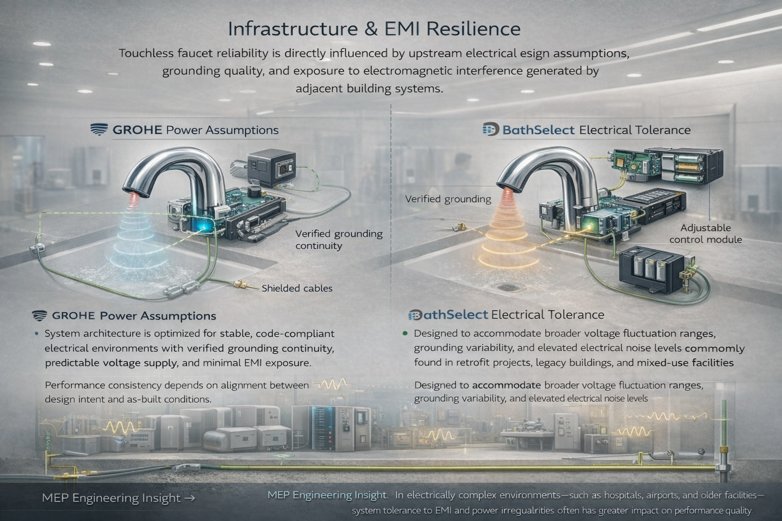 MEP engineering analysis illustrating electrical grounding quality, electromagnetic interference exposure, and power stability effects on touchless faucet system reliability